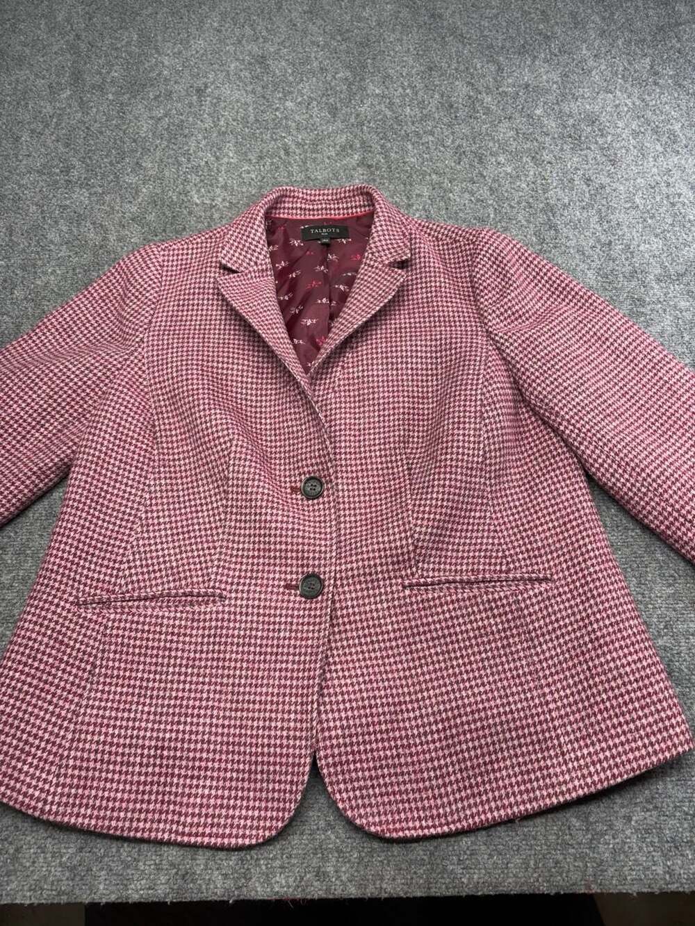 Talbots Blazer Jacket Womens 14W Pink Houndstooth Wool Blend Equestrian Academia